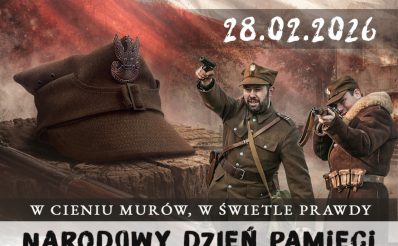 Plakat zapraszający w sobotę 28 lutego 2026 r. do Giżycka na inscenizację historyczną „W cieniu murów, w świetle prawdy” Twierdzy Boyen Giżycko 2026. 