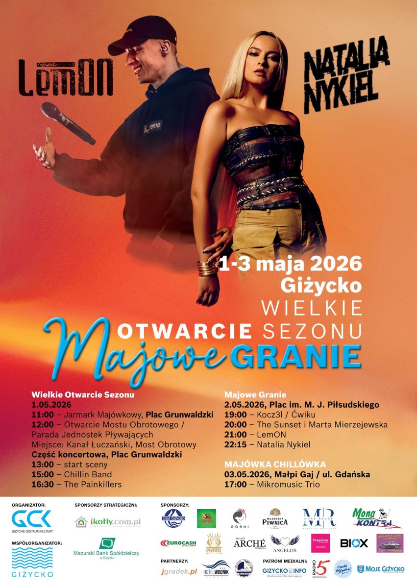 Plakat zapraszający Serdecznie w dniach 1-3 maja 2026 r. do Giżycka na cykliczną imprezę Dni Giżycka 2026 – Majówka Wielkie Otwarcie Sezonu Żeglarskiego Giżycko 2026.