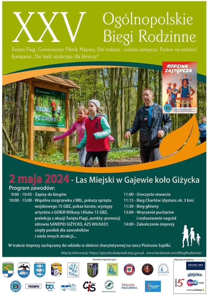 Plakat zapraszający Serdecznie w dniach 1-3 maja 2026 r. do Giżycka na cykliczną imprezę Dni Giżycka 2026 – Majówka Wielkie Otwarcie Sezonu Żeglarskiego Giżycko 2026. Ogólnopolskie Biegi Rodzinne Giżycko 2026.