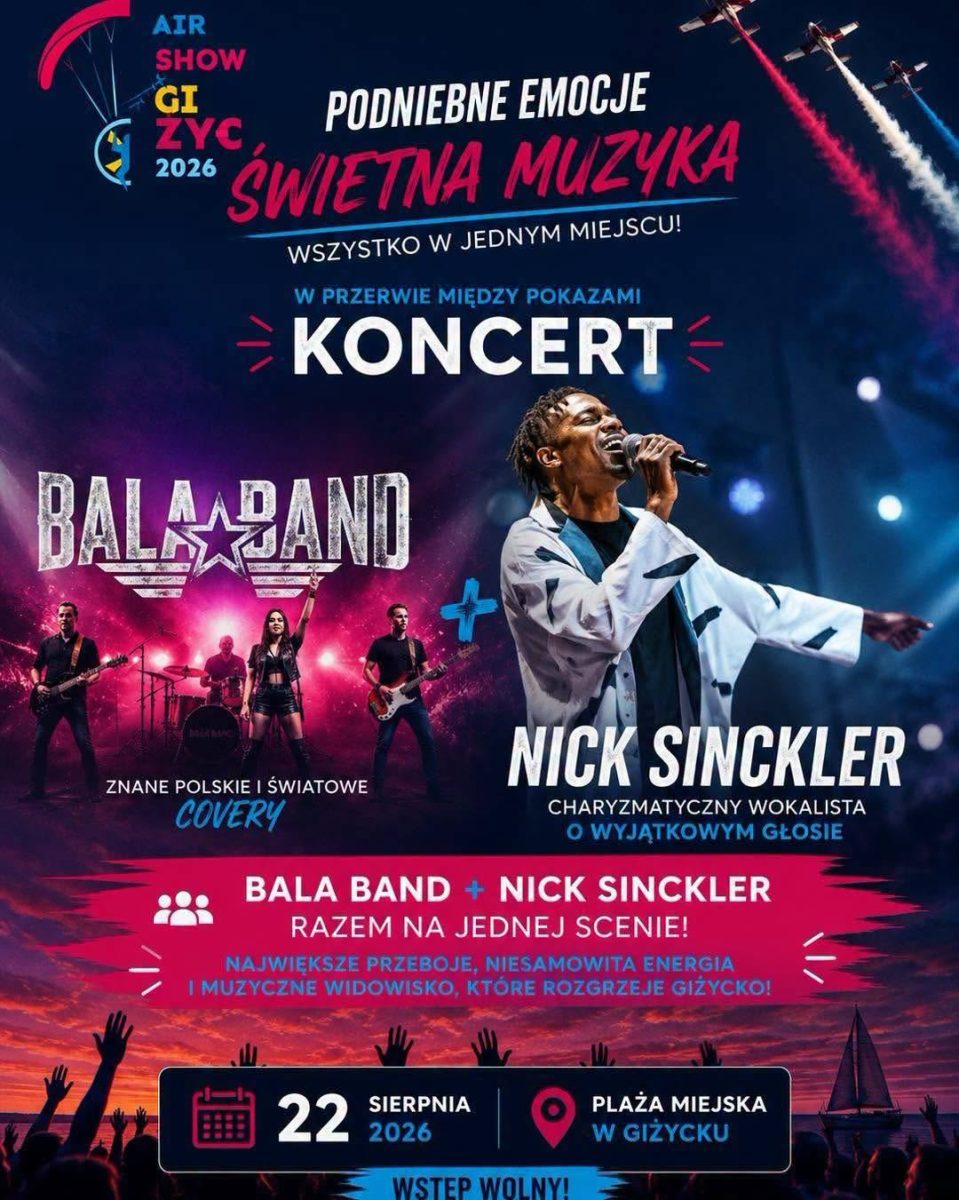 Plakat zapraszający w sobotę 22 sierpnia 2026 r. do Giżycka na koncert i kolejną edycję imprezy Giżycko AirShow 2026.