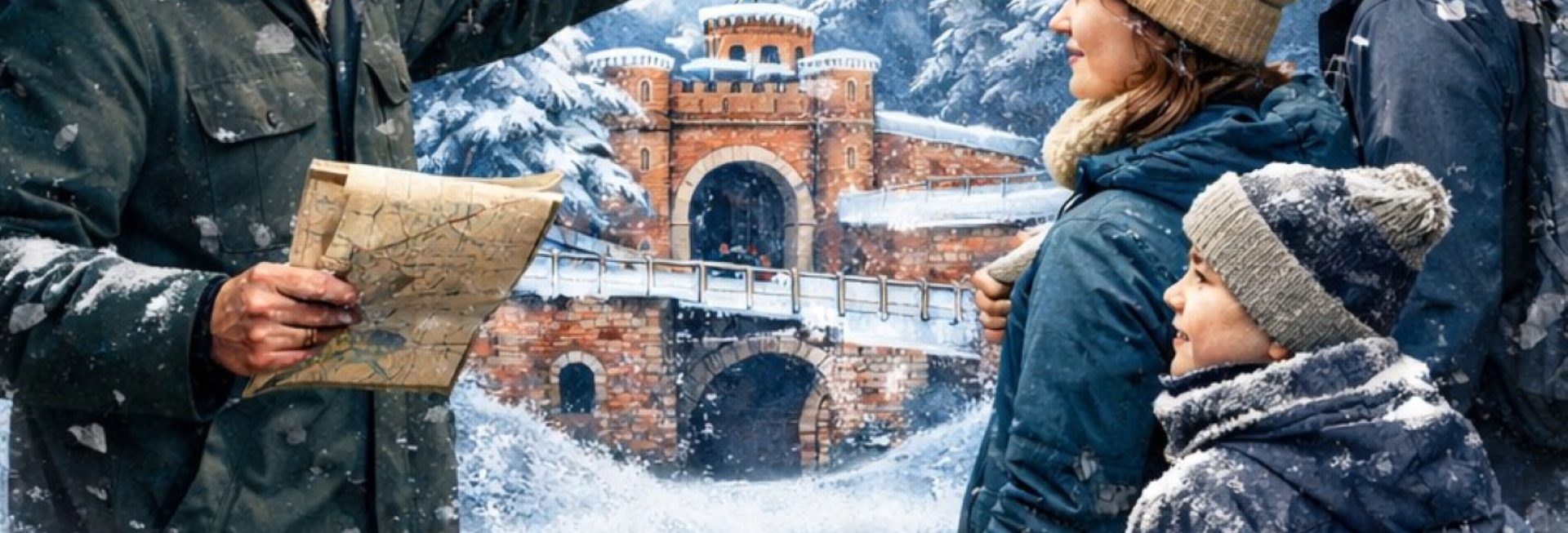 Plakat zapraszający do Giżycka na zwiedzanie z przewodnikiem - ferie zimowe w Twierdzy Boyen Giżycko 2026.