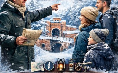 Plakat zapraszający do Giżycka na zwiedzanie z przewodnikiem - ferie zimowe w Twierdzy Boyen Giżycko 2026.