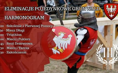 Plakat zapraszający w sobotę 28 lutego 2026 r. do Grunwaldu na eliminacje pojedynkowe Grunwald 2026.