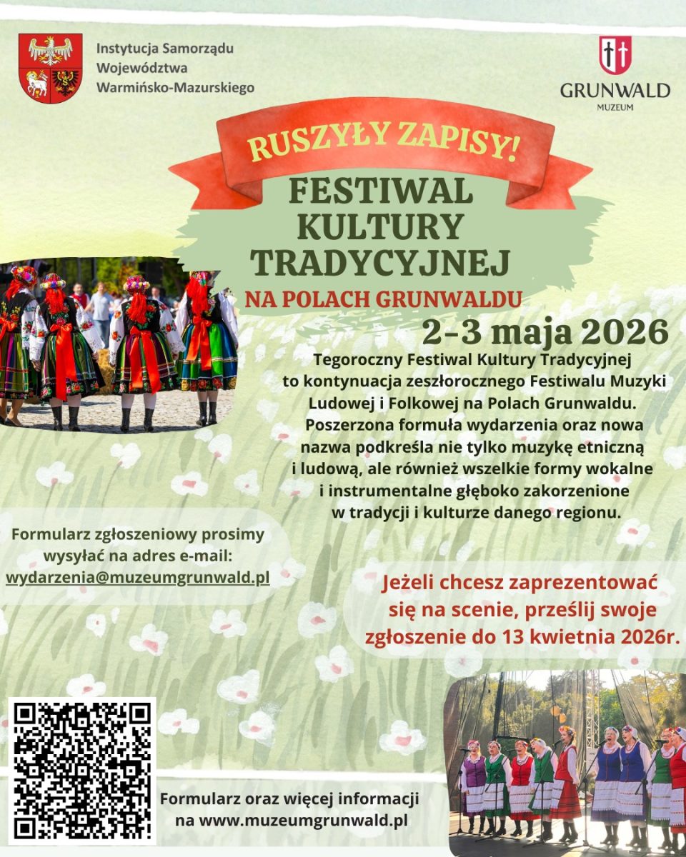 Plakat zapraszający w dniach 2-3 maja 2026 r. do Grunwaldu na Festiwal Kultury Tradycyjnej na Polach Grunwaldu 2026. 