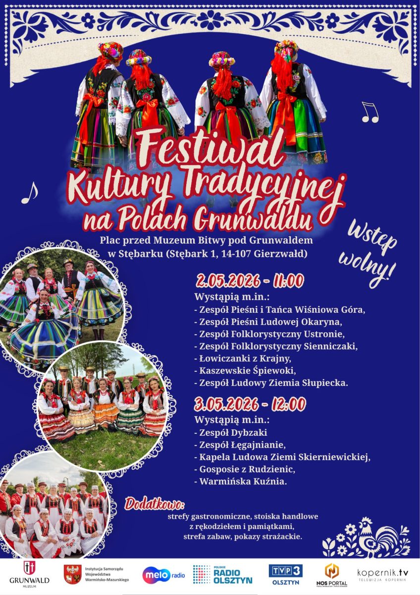 Plakat zapraszający w dniach 2-3 maja 2026 r. do Grunwaldu na Festiwal Kultury Tradycyjnej na Polach Grunwaldu 2026. 