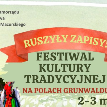 Plakat zapraszający w dniach 2-3 maja 2026 r. do Grunwaldu na Festiwal Kultury Tradycyjnej na Polach Grunwaldu 2026.