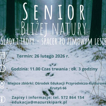Plakat zapraszający w czwartek 26 lutego 2026 r. do Krutyni na spacer po zimowym lesie z przewodnikiem "SENIOR BLIŻEJ NATURY" Krutyń 2026.