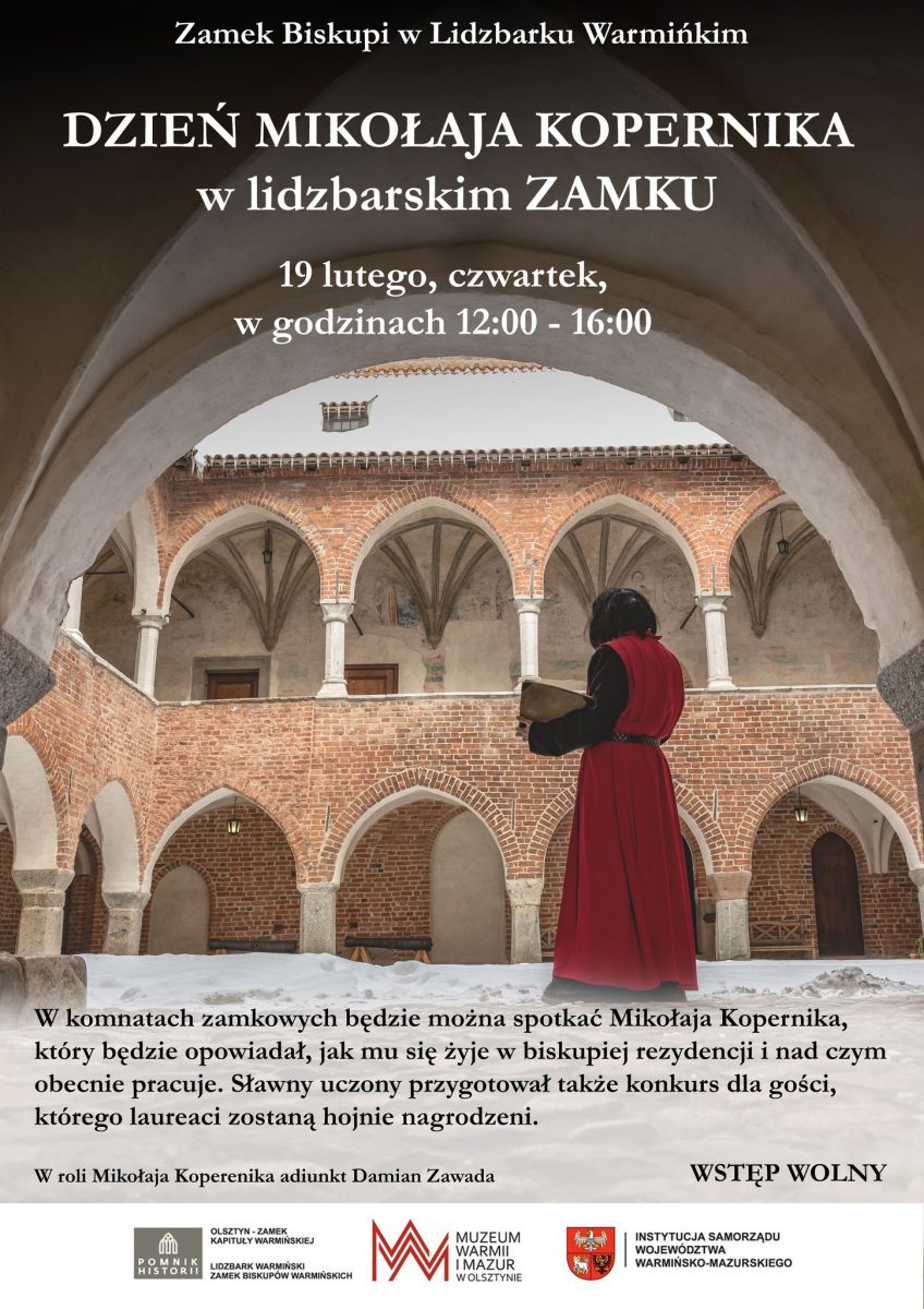 Plakat zapraszający w czwartek 19 lutego 2026 r. do Lidzbarka Warmińskiego na Dzień Mikołaja Kopernika Lidzbark Warmiński 2026.
