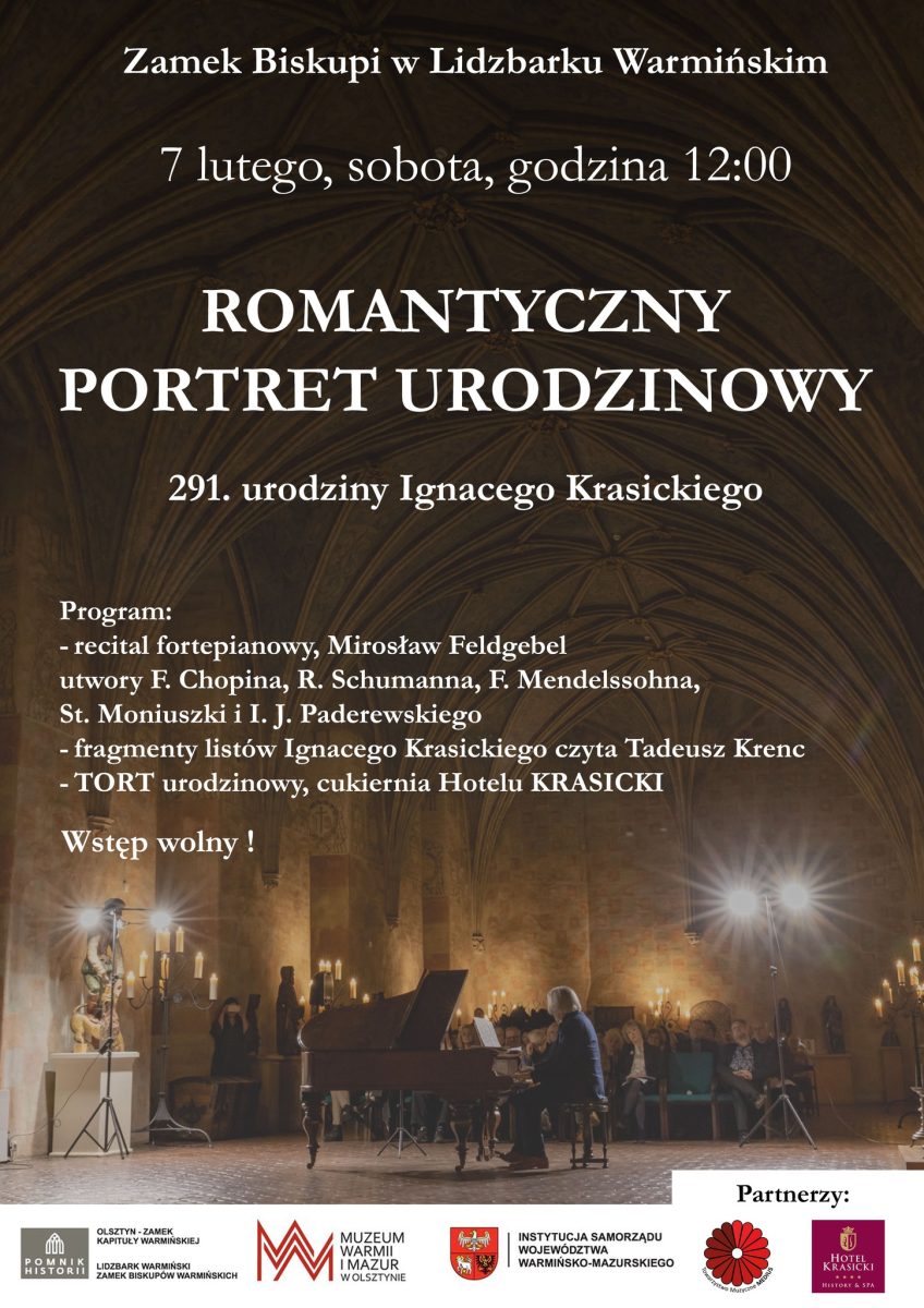 Plakat zapraszający w sobotę 7 lutego 2026 r. do Lidzbarka Warmińskiego na koncert z okazji 291. urodzin Ignacego Krasickiego "Romantyczny Portret Urodzinowy" Lidzbark Warmiński 2026.