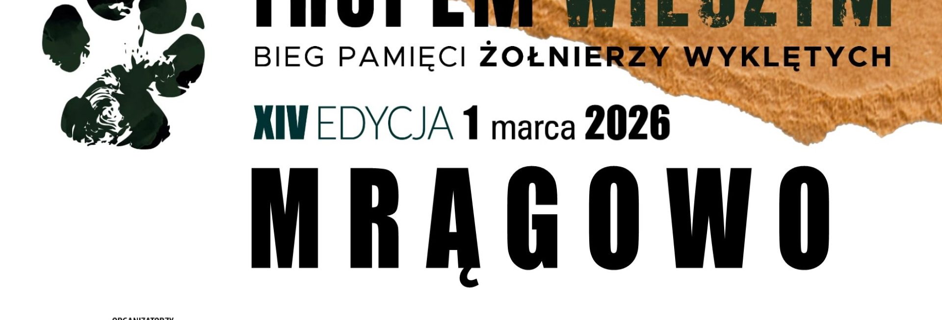 Plakat zapraszający w niedzielę 1 marca 2026 r. do Mrągowa na Bieg Pamięci Żołnierzy Wyklętych „Tropem Wilczym” Mrągowo 2026. 