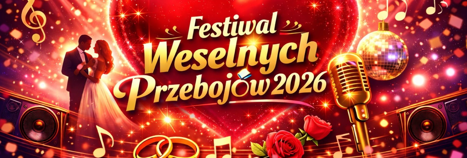 Plakat zapraszający w dniach 14-15 sierpnia 2026 r. do Mrągowa na kolejną edycję Festiwalu Weselnych Przebojów Mrągowo 2026.