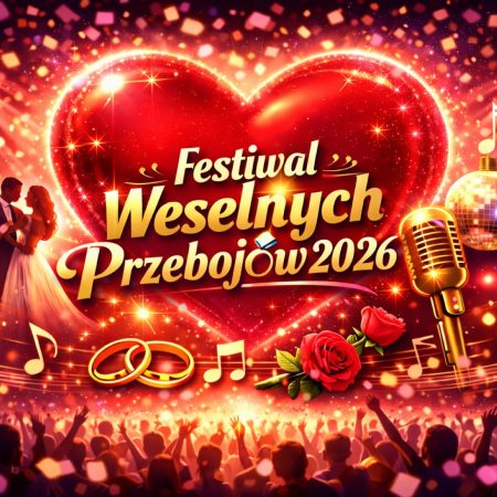 Plakat zapraszający w dniach 14-15 sierpnia 2026 r. do Mrągowa na kolejną edycję Festiwalu Weselnych Przebojów Mrągowo 2026.