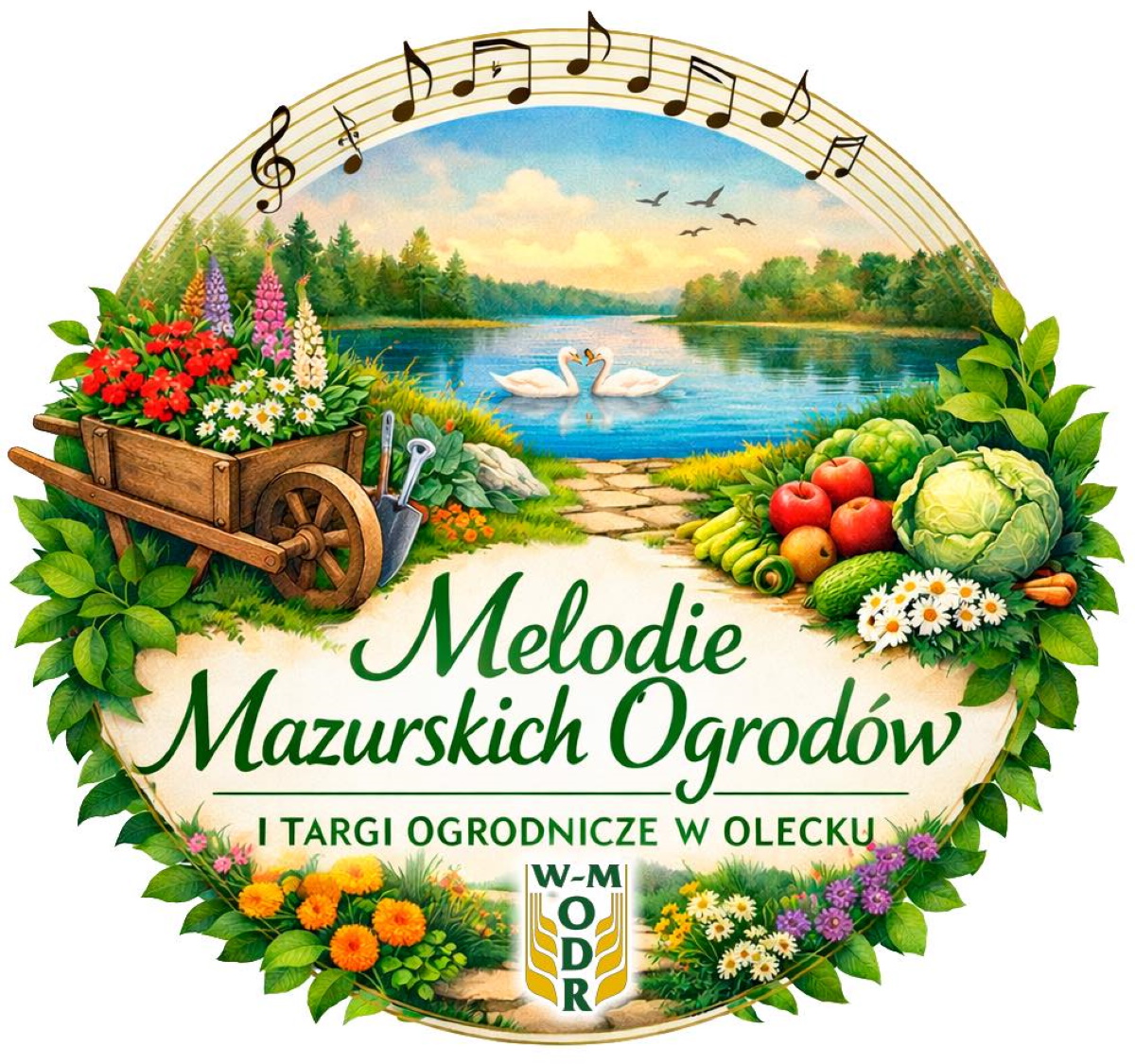 Plakat zapraszający w niedzielę 10 maja 2026 r. do Olecka na 1. edycję Targów Ogrodniczych w Olecku „Melodie Mazurskich Ogrodów” Olecko 2026. 
