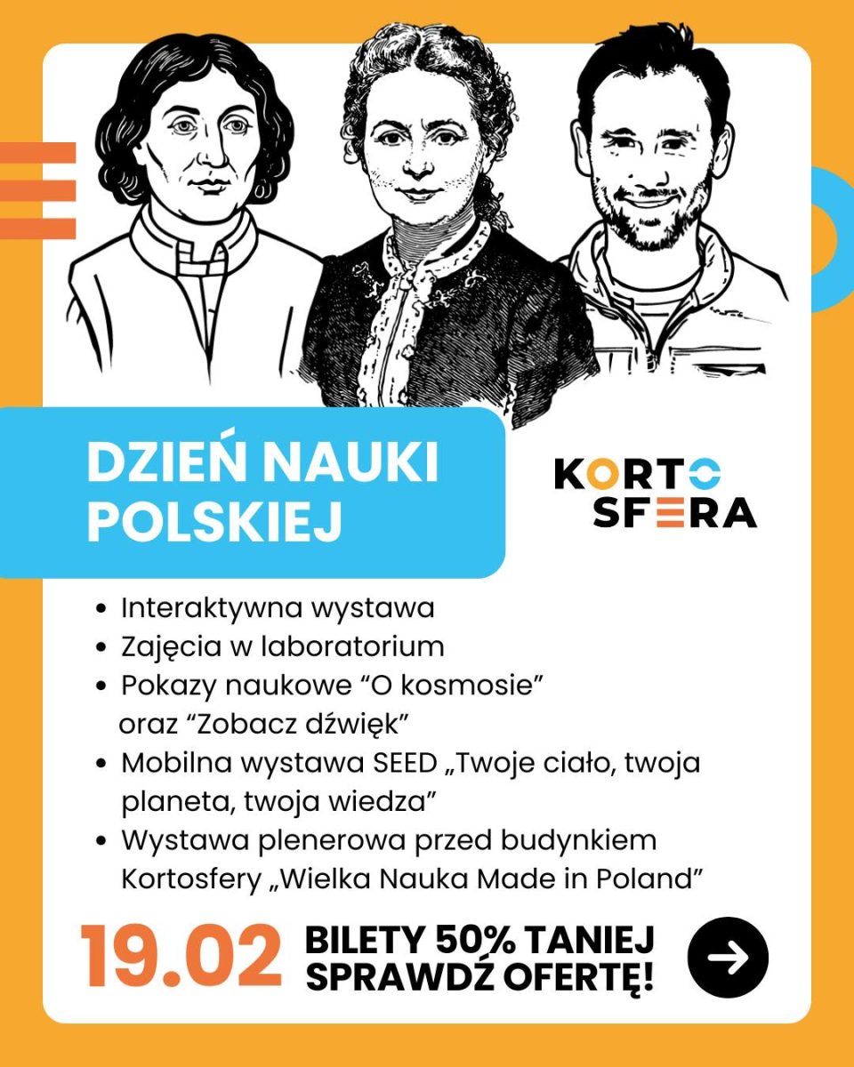Plakat zapraszający w czwartek 19 lutego 2026 r. do Olsztyna na Dzień Nauki Polskiej w Kortosferze! Olsztyn-Kortowo 2026. 