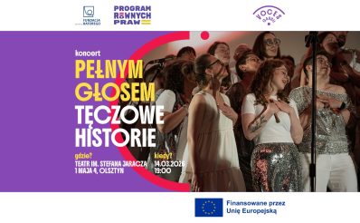 Plakat zapraszający w sobotę 14 marca 2026 r. do Teatru Jaracza w Olsztynie na koncert - Chóru Voces Gaudii " Tęczowe Historie po raz pierwszy w Olsztynie!" Teatr Jaracza 2026.