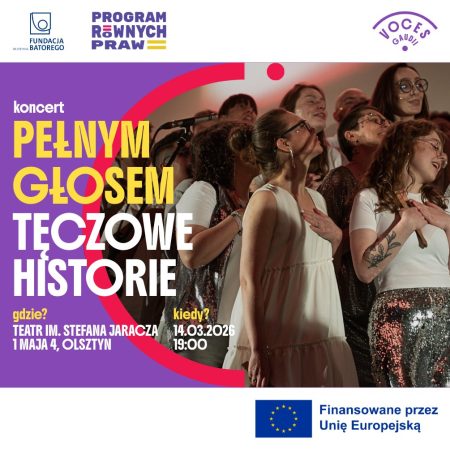 Plakat zapraszający w sobotę 14 marca 2026 r. do Teatru Jaracza w Olsztynie na koncert - Chóru Voces Gaudii " Tęczowe Historie po raz pierwszy w Olsztynie!" Teatr Jaracza 2026.