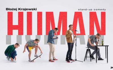 Plakat zapraszający w piątek 27 lutego 2026 r. do Olsztyna na występ stand-up Błażej Krajewski "Human" Olsztyn 2026.