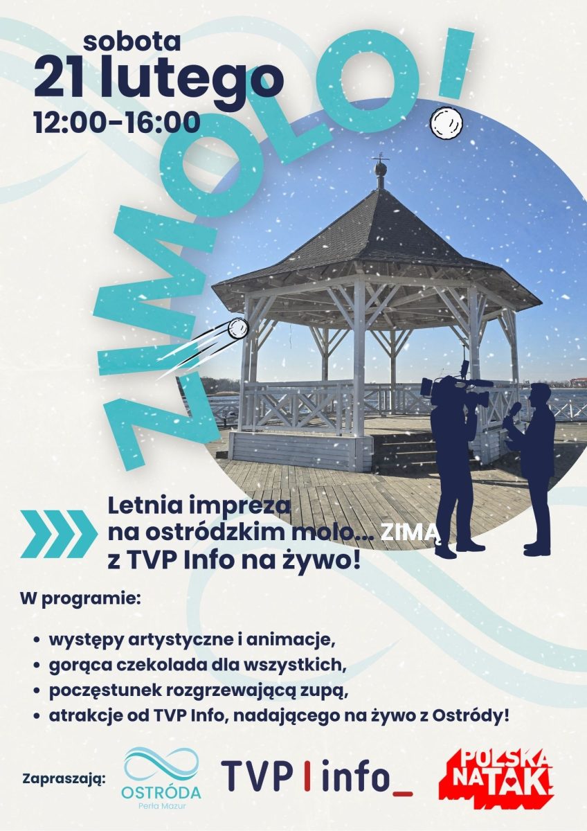 Plakat zapraszający w sobotę 21 lutego 2026 r. do Ostródy na zimową imprezę na ostródzkim molo "Zimolo" Ostróda 2026.