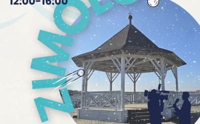 Plakat zapraszający w sobotę 21 lutego 2026 r. do Ostródy na zimową imprezę na ostródzkim molo "Zimolo" Ostróda 2026.