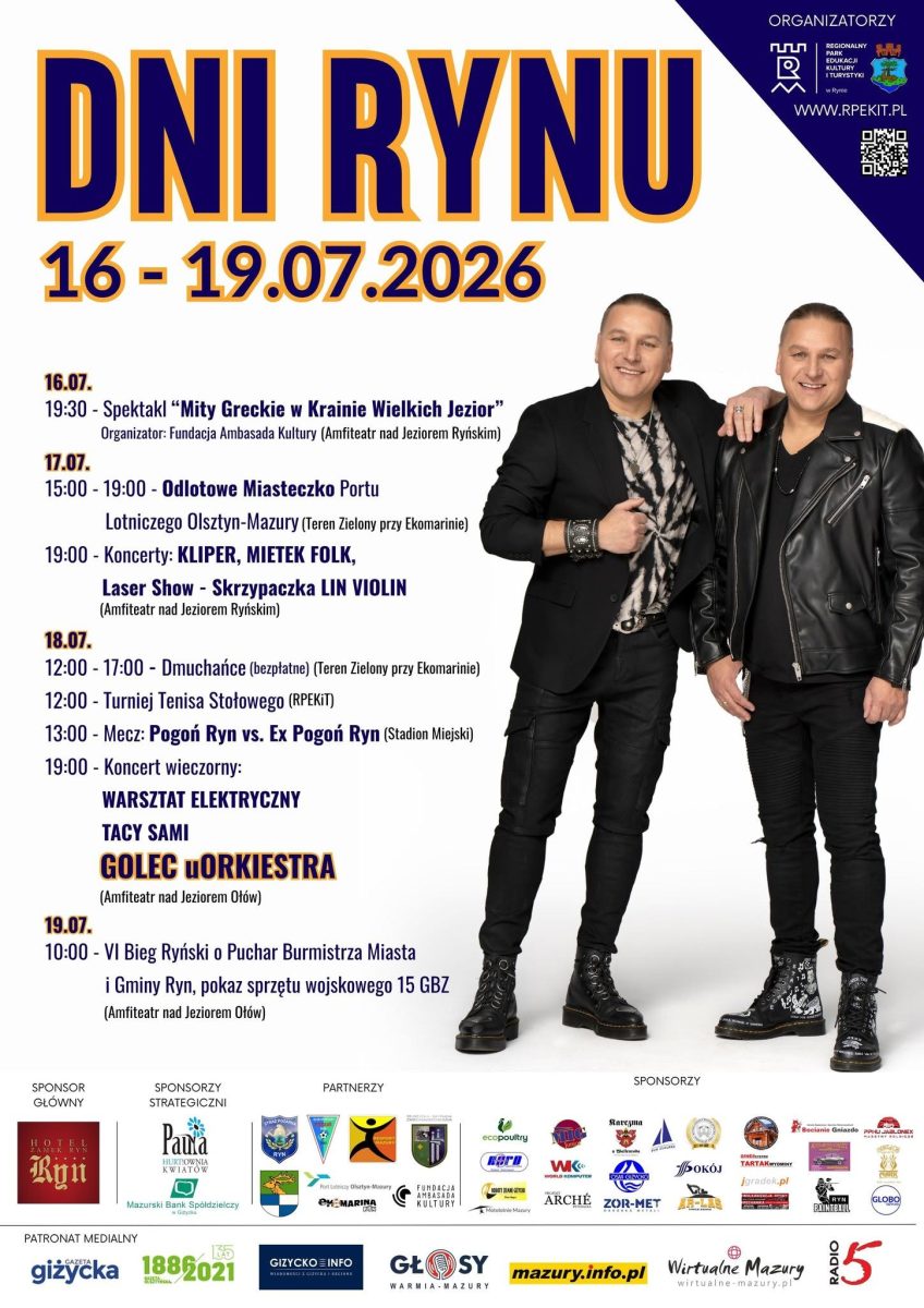Plakat zapraszający w dniach 16-19 lipca 2026 r. do Rynu na coroczne urodziny miasta Dni Rynu 2026. 