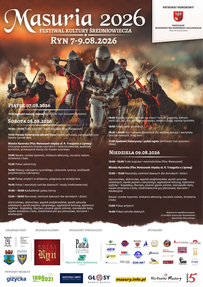 Plakat zapraszający w dniach 7-9 sierpnia 2026 r. do Rynu na kolejną edycję Festiwalu Kultury Średniowiecza Masuria Ryn 2026.