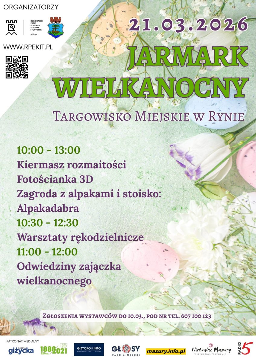 Plakat zapraszający w sobotę 21 marca 2026 r. do Rynu na Jarmark Wielkanocy Ryn 2026. 