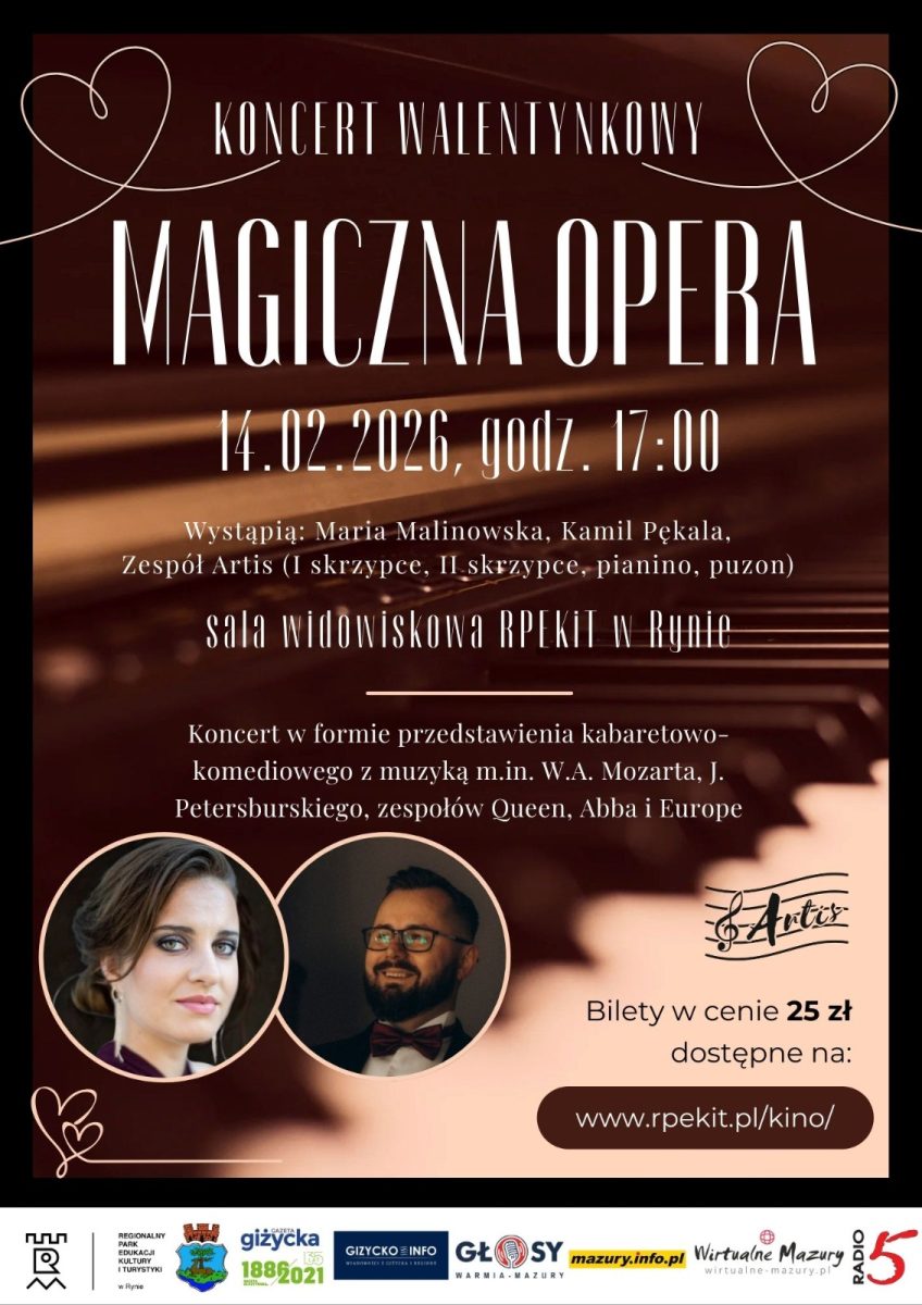 Plakat zapraszający w sobotę 14 lutego 2026 r. do Rynu na koncert walentynkowy „Magiczna Opera” Ryn 2026.
