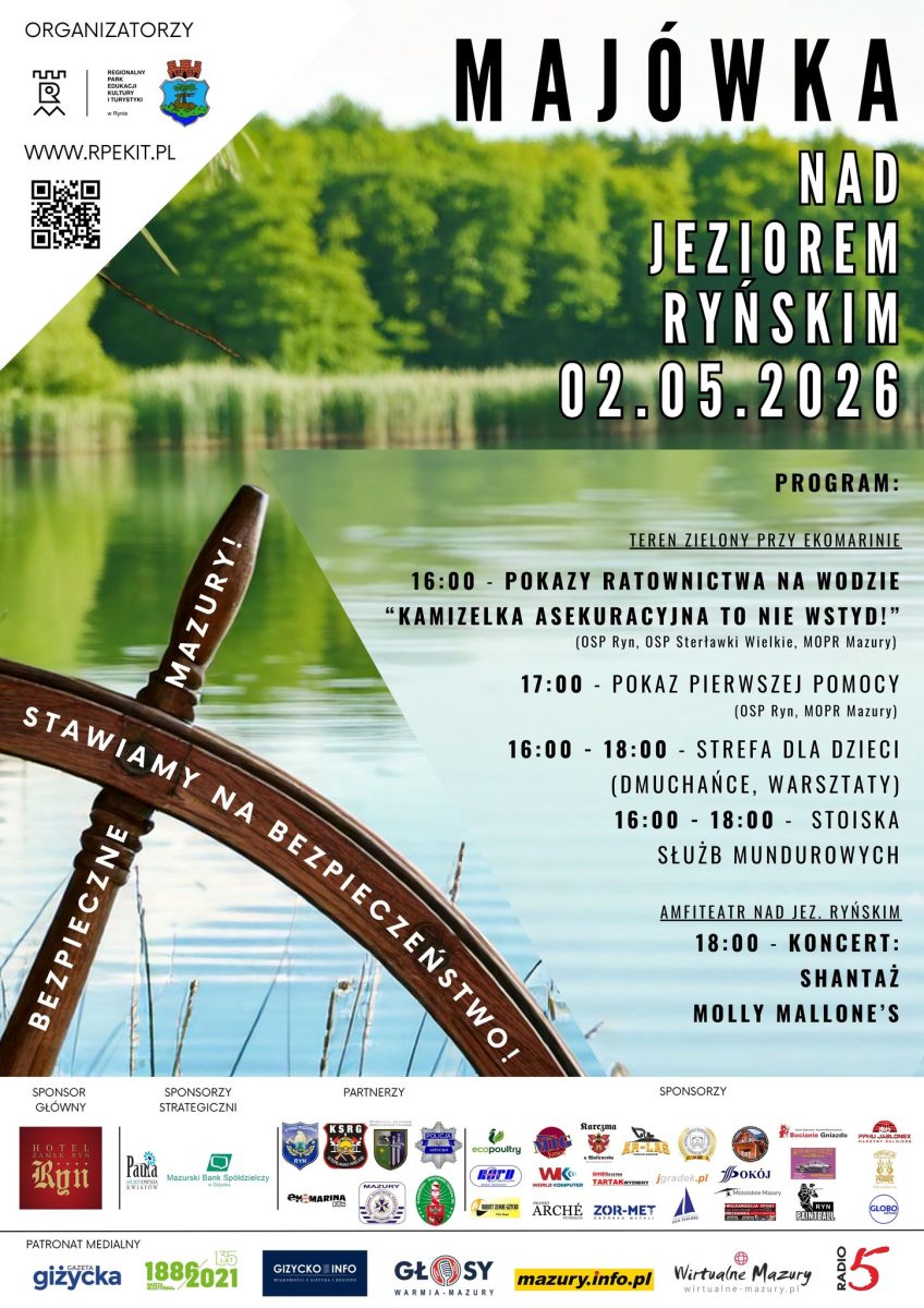 Plakat zapraszający w sobotę 2 maja 2026 r. do Rynu na Majówkę nad Jeziorem Ryńskim Ryn 2026.  