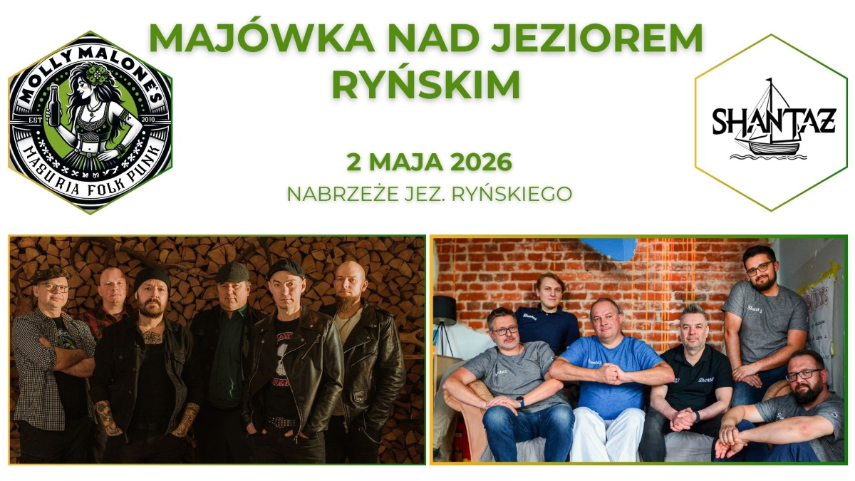 Plakat zapraszający w sobotę 2 maja 2026 r. do Rynu na Majówkę nad Jeziorem Ryńskim Ryn 2026.  