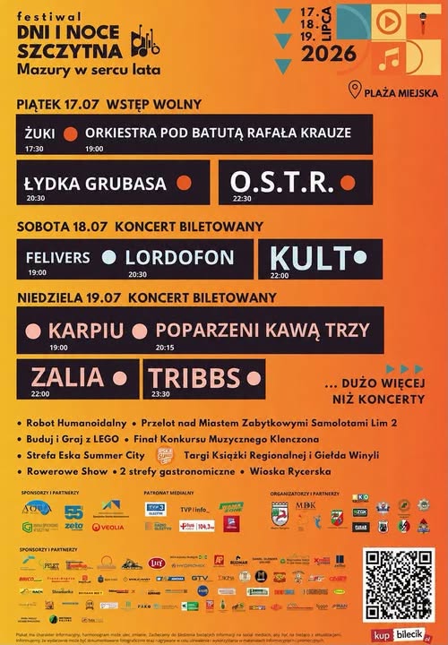 Plakat zapraszający w dniach 17-19 lipca 2026 r. do Szczytna na 34. edycję Festiwalu Dni i Noce Szczytna 2026.