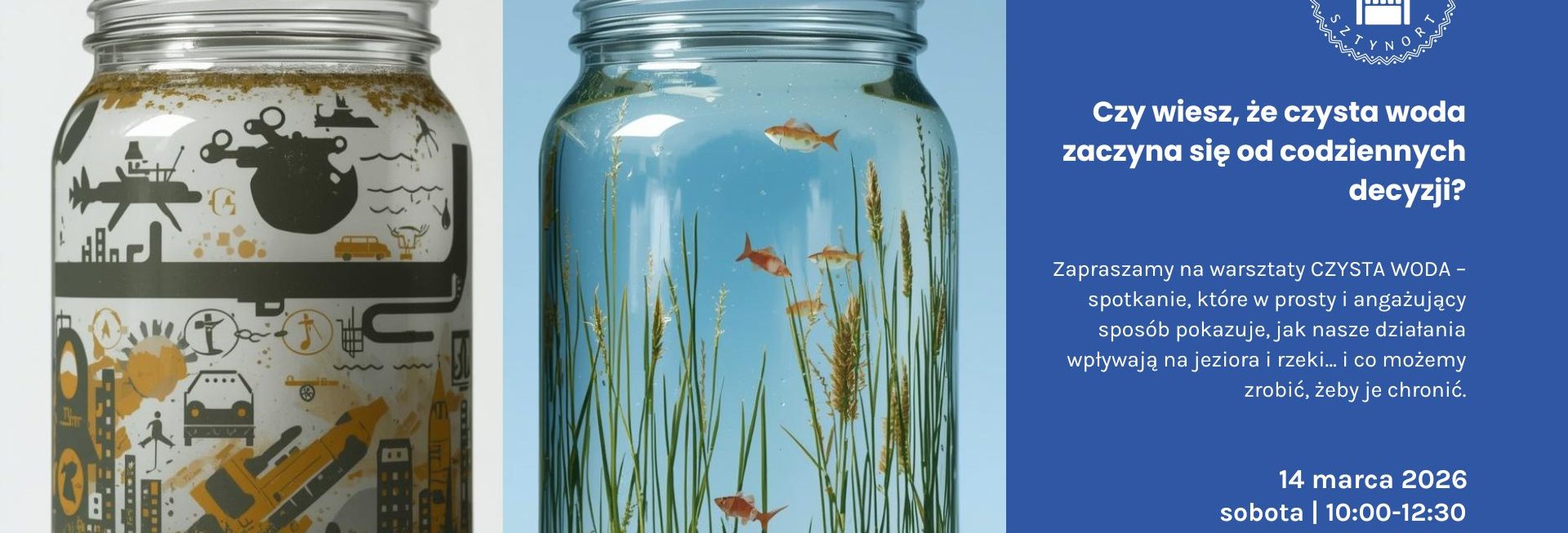 Plakat zapraszający w sobotę 14 marca 2026 r. do Sztynortu na warsztaty "Czysta Woda" Memuak Sztynort 2026. 