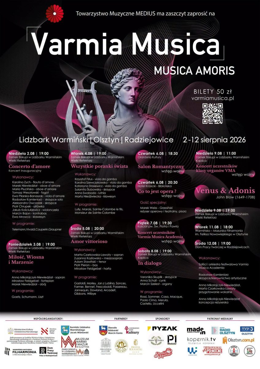Plakat zapraszający w dniach 2-13 sierpnia na Festiwal Varmia Musica "MUSICA AMORIS" 2026. 
