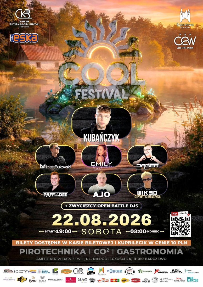 Plakat zapraszający do Barczewa na kolejną edycję Cool Festival Finał Barczewo. 