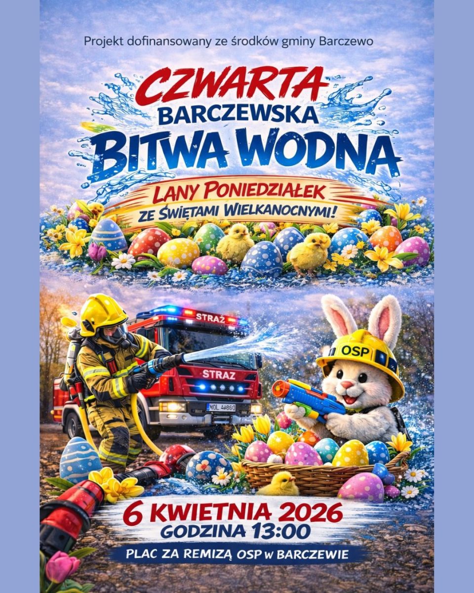 Plakat zapraszający w poniedziałek 6 kwietnia 2026 r. do Barczewa na Czwartą Barczewską Bitwę Wodną Barczewo 2026. 