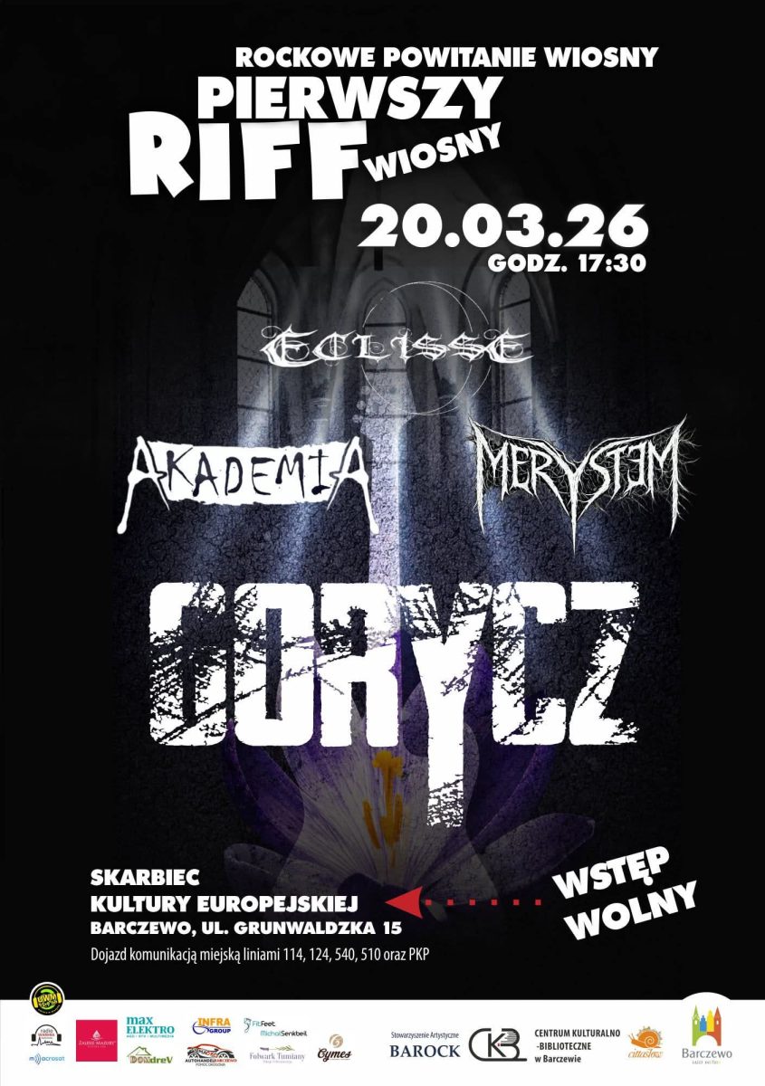 Plakat zapraszający w piątek 20 marca 2026 r. do Barczewa na koncert rockowy - Pierwszy Riff Wiosny Barczewo 2026. 