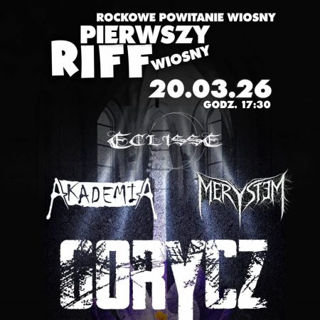 Plakat zapraszający w piątek 20 marca 2026 r. do Barczewa na koncert rockowy - Pierwszy Riff Wiosny Barczewo 2026. 