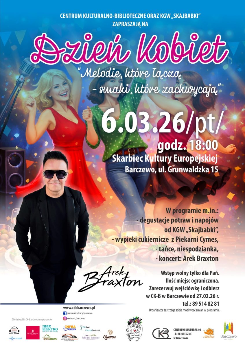 Plakat zapraszający w piątek 6 marca 2026 r. do Barczewa na koncert z okazji Dnia Kobiet Barczewo 2026.  