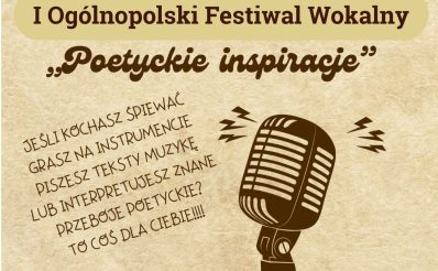Plakat zapraszający w dniach 16-17 maja 2026 r. do Barczewa na 1. edycję Ogólnopolskiego Festiwalu Wokalnego "Poetyckie inspiracje" Barczewo 2026.