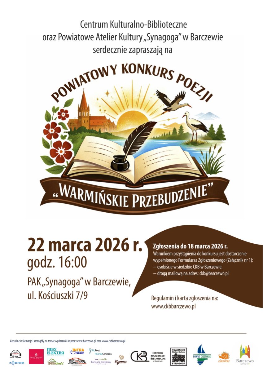 Plakat zapraszający w niedzielę 22 marca 2026 r. do Barczewa na Powiatowy Konkurs Poezji „Warmińskie Przebudzenie” Barczewo 2026. 
