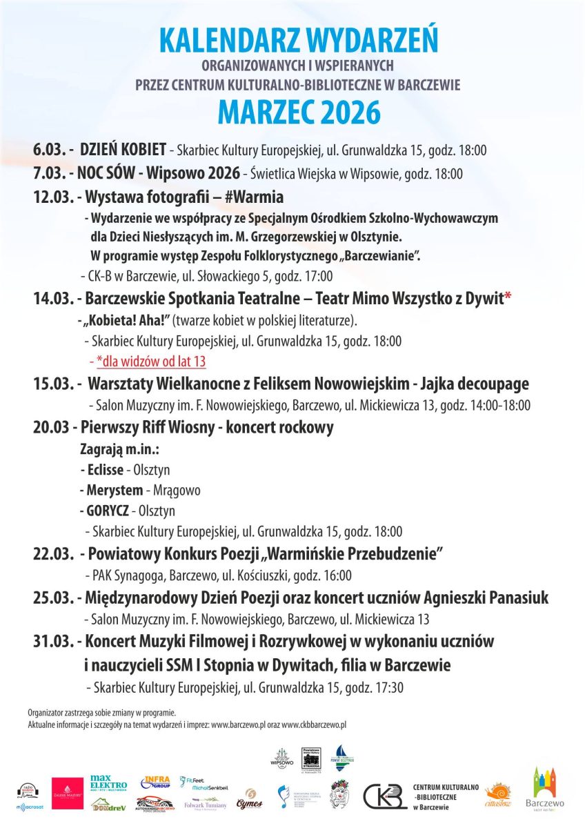 Barczewo kalendarz imprez organizowanych w marcu 2026 w Barczewie.
