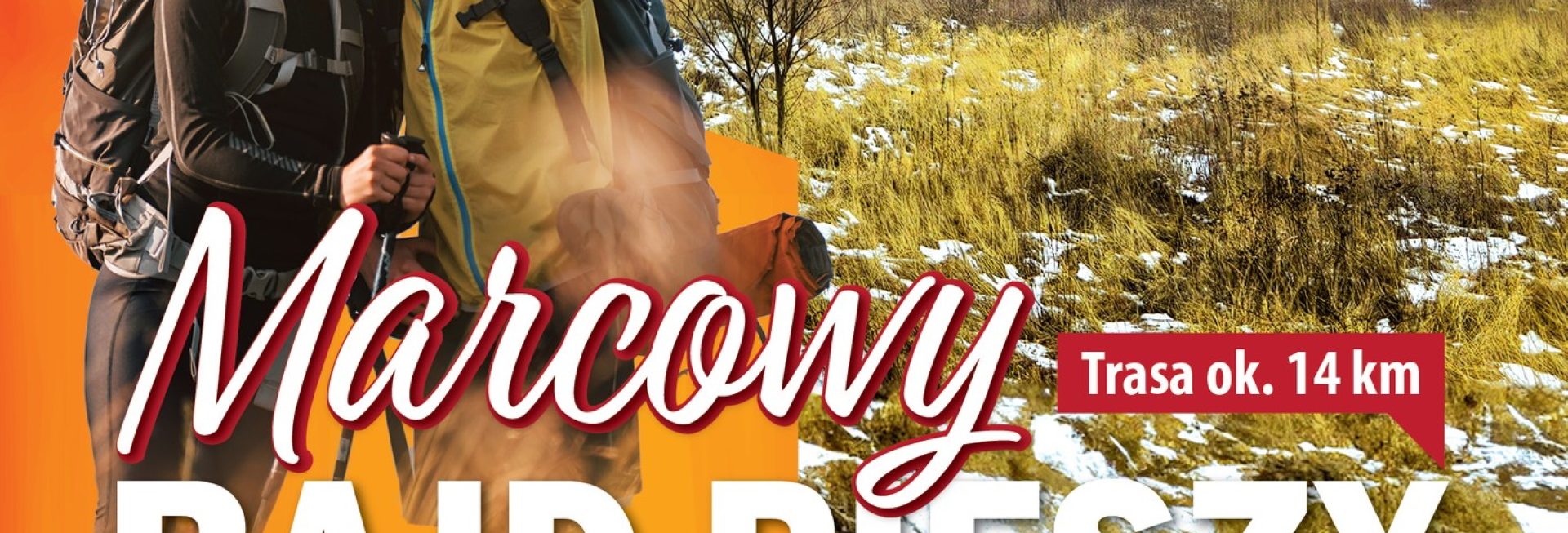 Plakat zapraszający w niedzielę 8 marca 2026 r. do Biskupca na Marcowy Rajd Pieszy Biskupiec 2026.