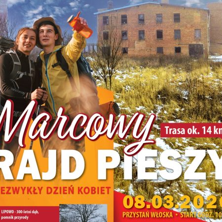 Plakat zapraszający w niedzielę 8 marca 2026 r. do Biskupca na Marcowy Rajd Pieszy Biskupiec 2026.
