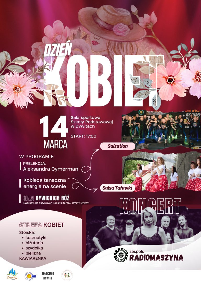 Plakat zapraszający w sobotę 14 marca 2026 r. do Dywit na Dzień Kobiet w Dywitach 2026.  
