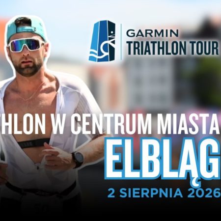 Plakat zapraszający w niedzielę 2 sierpnia 2026 r. do Elbląga na Garmin Triathlon Tour Elbląg 2026.