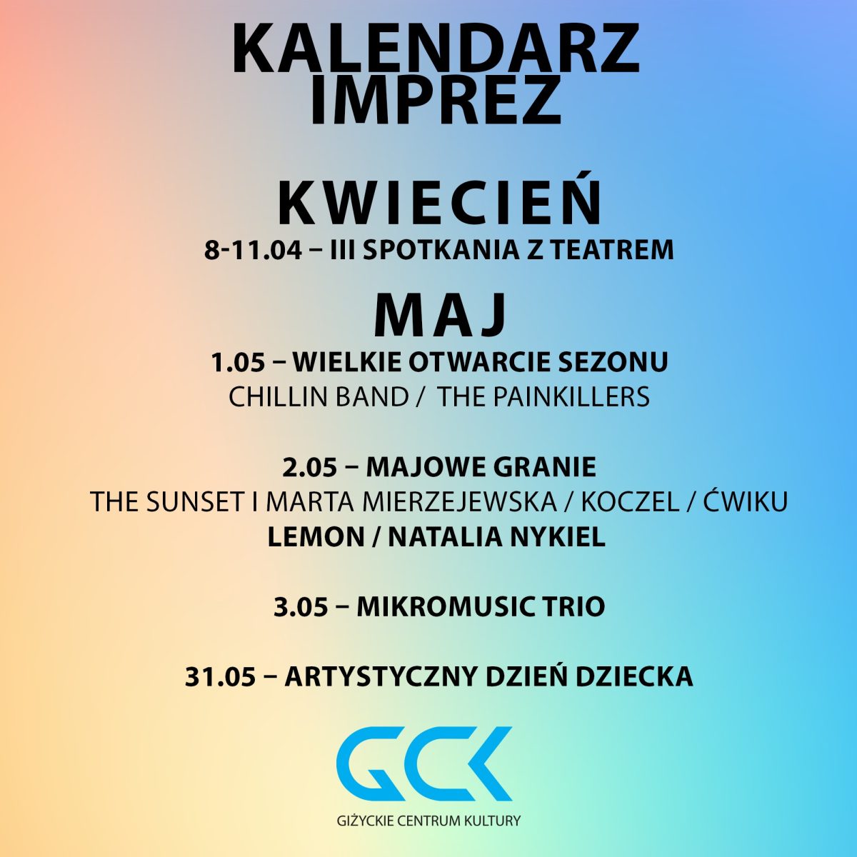 Giżycko Kalendarz imprez - wydarzeń w miesiącu kwietniu i maju 2026 r. w Giżycku.