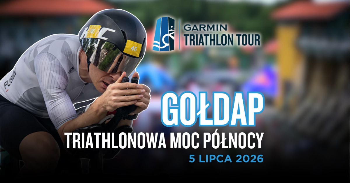 Plakat zapraszający w niedzielę 5 lipca 2026 r. do Gołdapi na wyścig Garmin Triathlon Tour Gołdap 2026.