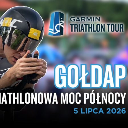 Plakat zapraszający w niedzielę 5 lipca 2026 r. do Gołdapi na wyścig Garmin Triathlon Tour Gołdap 2026.