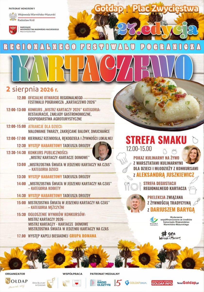 Plakat zapraszający w niedzielę 2 sierpnia 2026 r. do Gołdapi na 27. edycję Regionalnego Festiwalu Pogranicza Kartaczewo Gołdap 2026. 