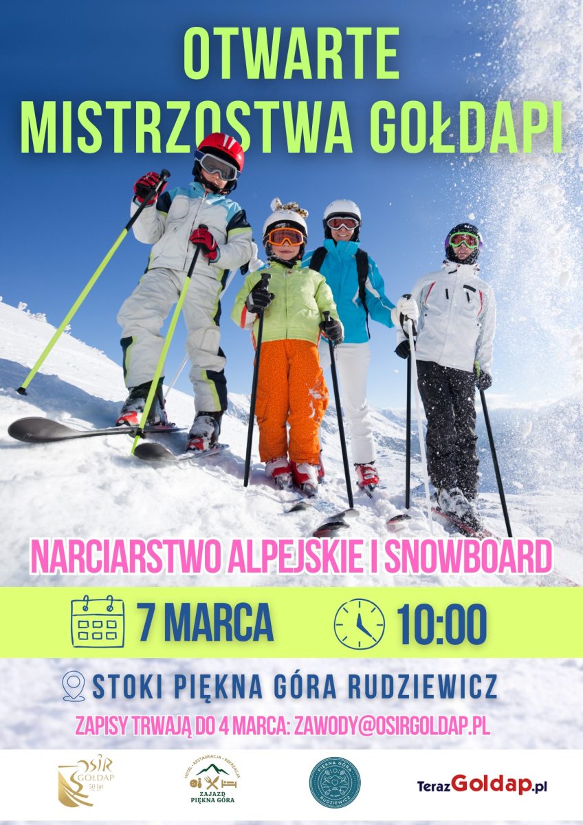 Plakat zapraszający w sobotę 7 marca 2026 r. do Gołdapi na Mistrzostwa Gołdapi - Zawody w narciarstwie i snowboardzie Gołdap 2026. 