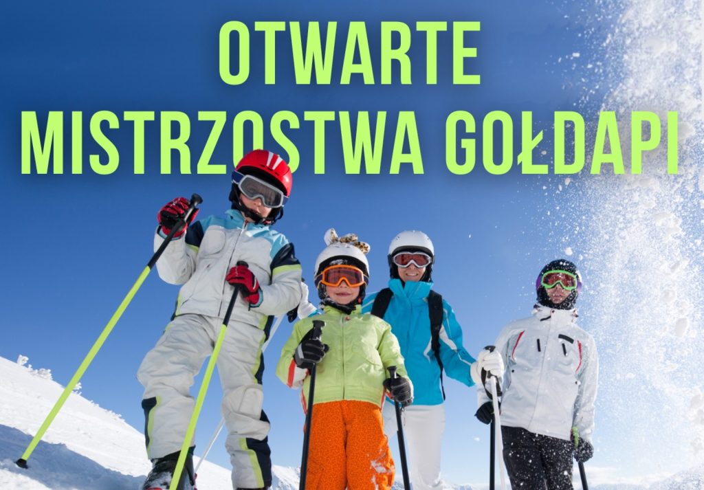 Plakat zapraszający w sobotę 7 marca 2026 r. do Gołdapi na Mistrzostwa Gołdapi - Zawody w narciarstwie i snowboardzie Gołdap 2026. 